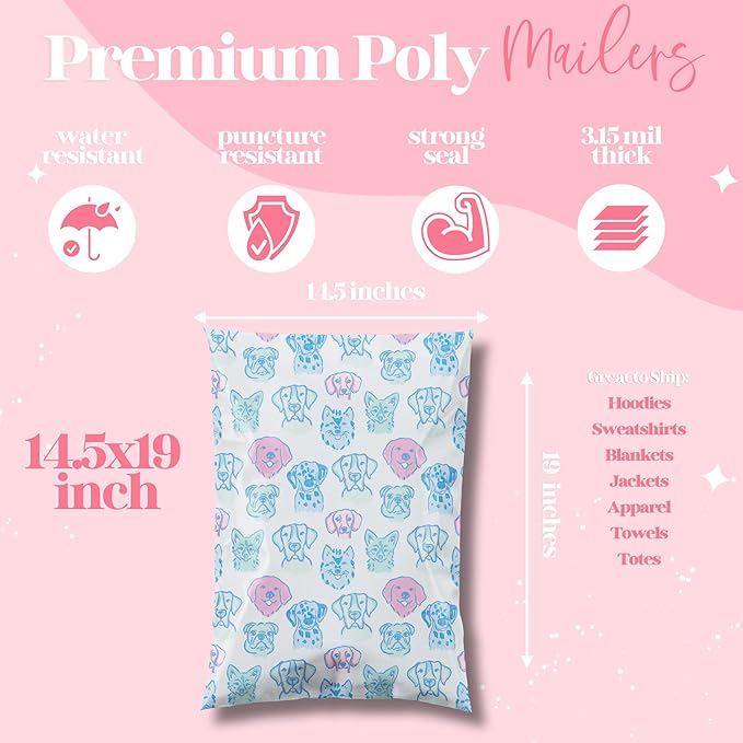 14.5x19 Designer Poly Mailer 100 Pack Heavy Duty Waterproof Self Seal Shipping Bags for Small Business Large Mailing Envelopes Bulk Tear Resistant Packaging Pretty Pups Puppy Dogs