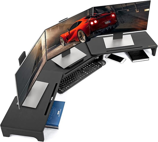 Nnewvante Monitor Stand Riser, 60 inch Large Bamboo Dual Monitor Stand for Desk, 3 Shelves Desktop Screen Riser with Adjustable Length Angle for Computer Laptop PC,Black