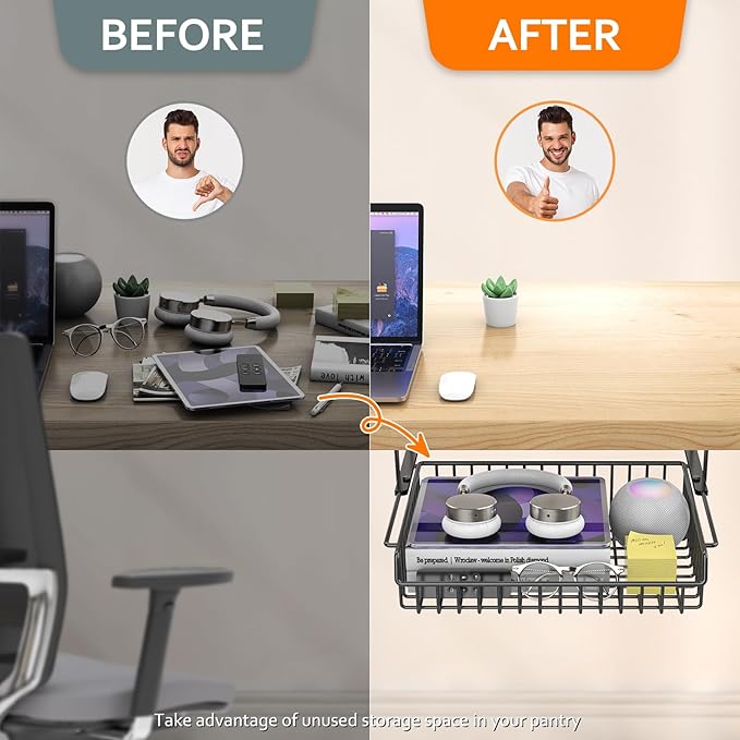 Under Desk Drawer, Slide Out Design,No Drill Metal Under Desk Cable Management, Under Table Storage Shelf Tray Basket Under Table Drawer Organizer for Office, Home, Workspace, Cabinet