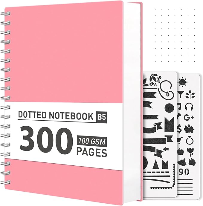 AHGXG Bullet Dotted Journal Spiral Notebook - 300 Pages Dot Grid Notebook B5 Thick Journal, 100GSM Thick Dotted Paper, Plastic Hardcover, with Journal Stencils, 7.3"X 10" - Pink