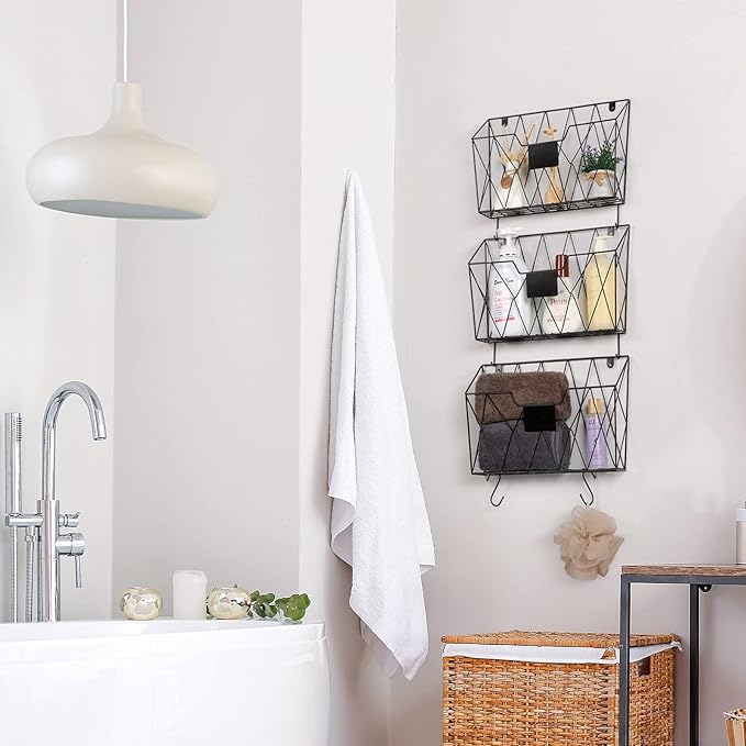 Hanging Wall File Holder Wall Mount Metal Wall File Organizer 3 Pockets Mail Organizer with Hooks for Office Home,Black