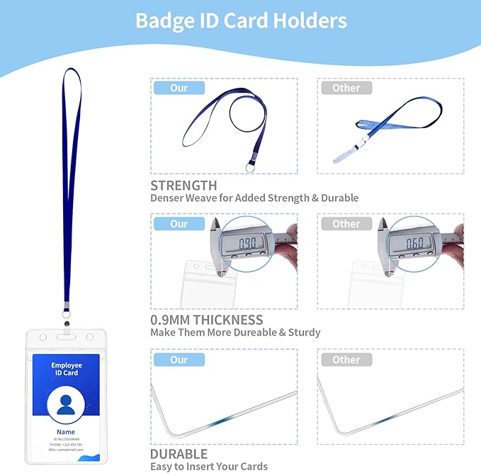 RexID 100 Pcs Vertical ID Holder Badges Name Tags,Waterproof Clear Plastic ID Card Holders with Blue Lanyard (100 Pcs (Vertical), Blue)
