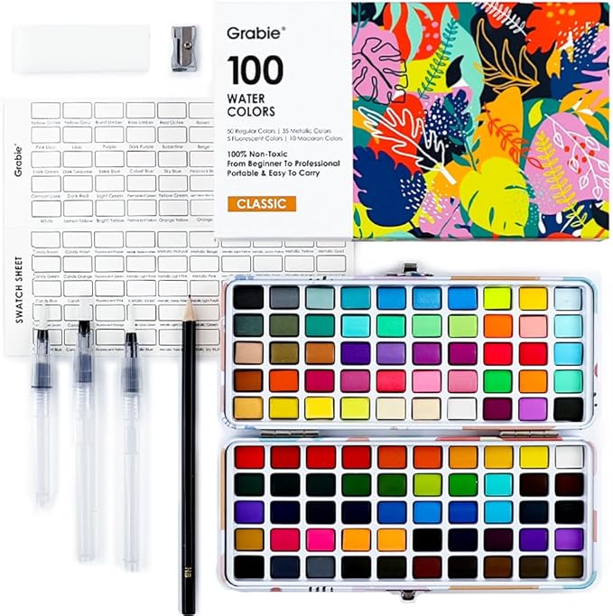 Grabie 100 Colors Watercolor Paint Set - 50 Regular, 35 Metallic, 10 Macaron and 5 Fluorescent Colors - Portable with Carrying Case, Water Brush Pens, and Accessories - For Beginners and Professionals