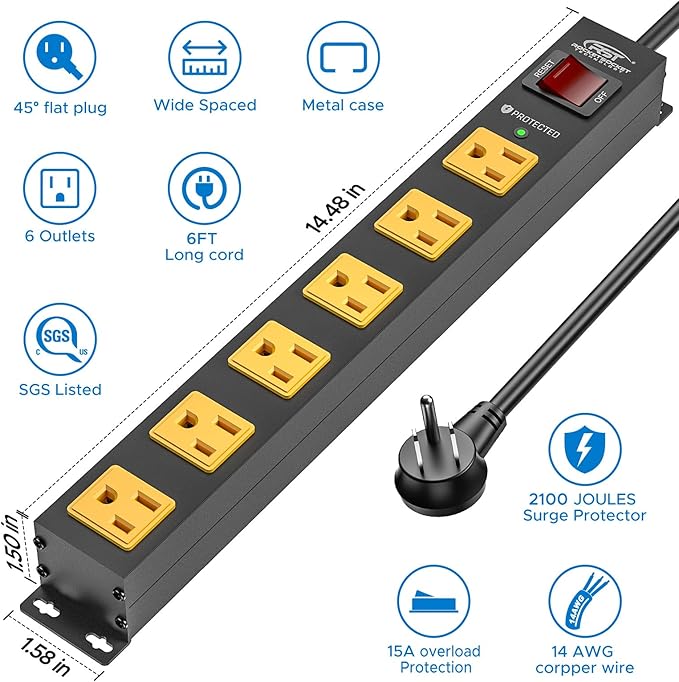 CRST 6 Outlet Surge Protector Power Strip 2100J with Switch, 15A/1875W Metal Heavy Duty Power Strip, Wide Spaced Wall Mount Power Bar for Garage Worshop Home School, 6 FT Cord（ Black+Yellow）