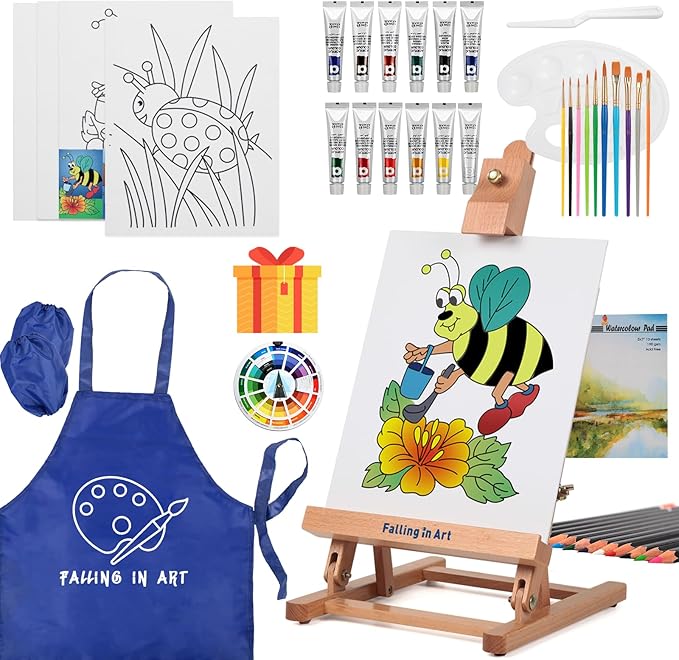 Falling in Art Painting Set for Kids with Table Easel-Acrylic Painting Starter Kit with Art Smock, 12 Acrylic Paints, 12 Water Soluble Colored Pencils, Paint Brushes, Canvas Panels and Watercolor Pad