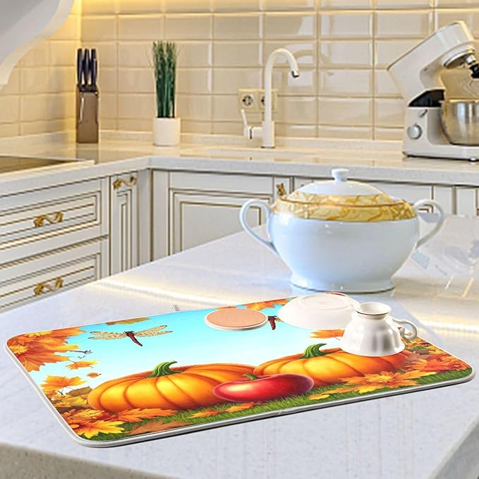 Autumn Thanksgiving Day Pumpkins Maple Dish Drying Mat for Kitchen Counter 18 x 24 Inch Flowers Dragonfly Leaves Dry Dishes Pads Mats Absorbent Countertops Counter Tableware Mat Protector Home Decor