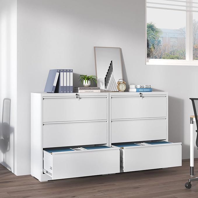 3 Drawer Lateral File Cabinets with Lock,White Metal Lateral Filing Cabinet for Home Office,Wide Steel Storage Cabinet Commercial Drawer Cabinet for Legal/Letter/A4 Size Files
