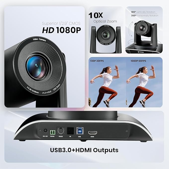 10x Zoom Conference Room Video Camera System, All-in-One HD 1080P 60fps 10X Optical Zoom USB3.0 HDMI PTZ Camera and Bluetooth Conference Speaker with Microphones Bundle for Medium Room