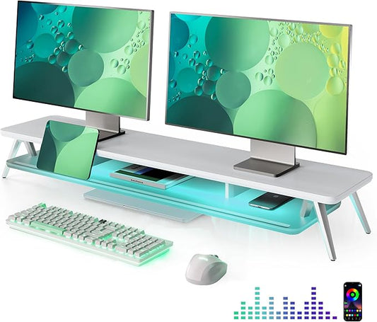Fenge Dual Monitor Stand for Desk, 2 Tiers Monitor Riser with Acrylic Shelf & App Control LED Lights, 42.5 Inch Wood and Aluminum Desk Shelf with Phone and Tablet Holder