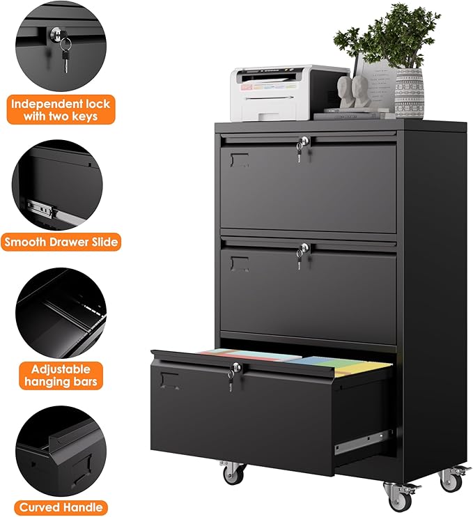 Aobabo 3 Drawer Lateral File Cabinet with Wheels,Metal Filing Cabinet with 3 Lock, for Home Office School Hanging Files Letter/Legal/F4/A4 Size, Assembly Required, Black