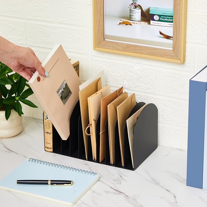 Suzile Metal Desktop File Organizer, 15 Compartments, Vertical File Sorter, Black, 10.63" L x 5.79" W x 5.41" H, Office, Reception Areas, Workspace(style 3)