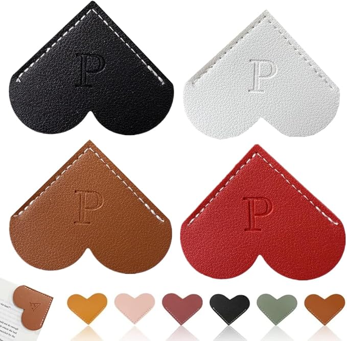 Personalized Leather Heart Bookmark, 26 Letters Customized Corner Book Mark for Reading, Book Holder Markers with Initials Page Book Accessories Cute Gifts (Black+White+Dark Brown+red,P)