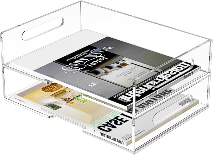 HIIMIEI Acrylic Paper Tray 2 Pack Clear Letter Tray Desk Stackable Organizer for School, Home, Office - Horizontal