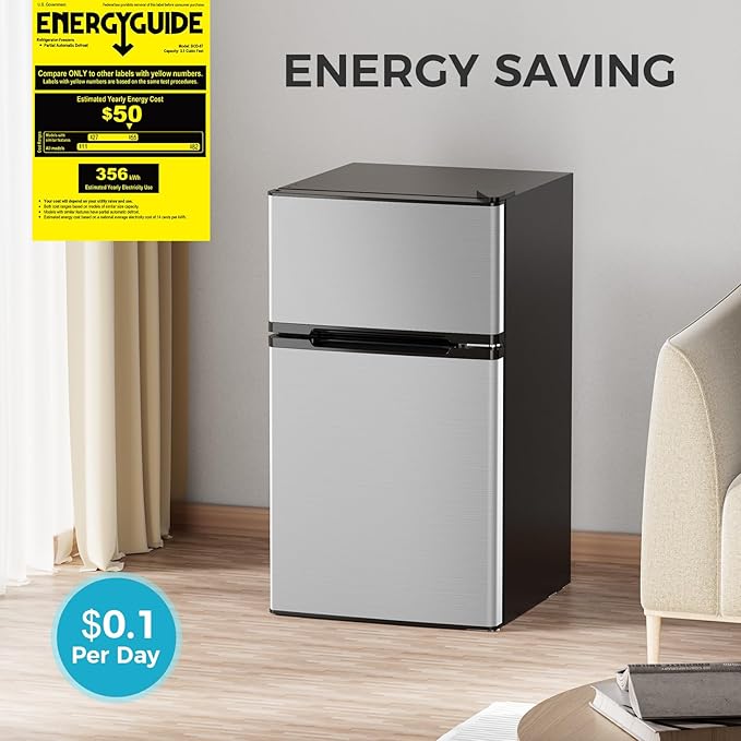 COWSAR 3.2 Cu.Ft Fridge with Freezer, Double Door Compact Refrige for Bedroom, Adjustable Thermostat, Energy-efficient Low Noise Small Refrigerator For Dorm, Office, Bar, RV, Commercial,Silver