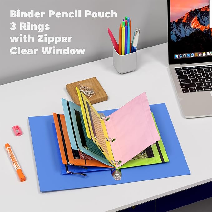 DoDoMagxanadu 3 Ring Pencil Pouch, Binder Pencil Pouch with Zipper and Mesh Window,8pack 8colors