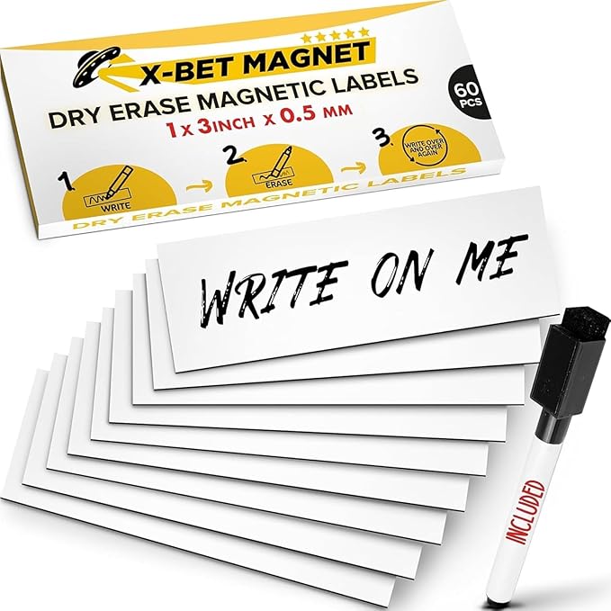 X-bet MAGNET Dry Erase Magnetic Labels 60 pcs 1x3 - Reusable Sticky Notes - Magnetic Notepads for Refrigerator - Dry Erase Magnetic Sheets - Blank Magnet Stickers - Used for Whiteboard, Classroom