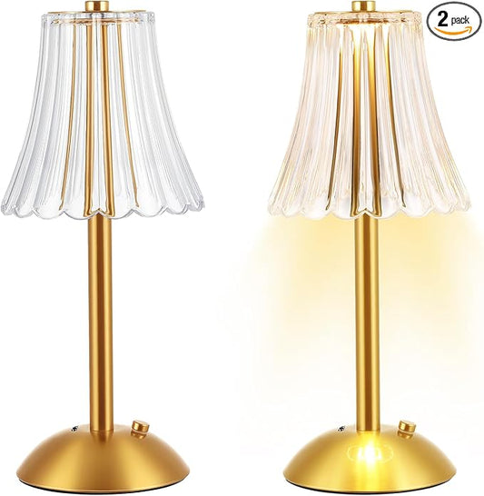 Liliful 2 Pcs LED Portable Cordless Table Lamp Touch Battery Operated Rechargeable Gold Desk Lamp 3 Color Dimmable for Bedroom Living Room Dining (Gold,Rose Style)