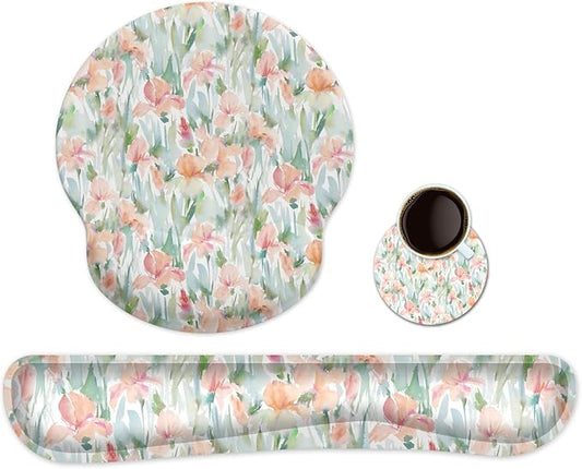Ergonomic Keyboard Mouse Pad Wrist Rest Support Set for Laptop/Computer/Desktop,Memory Foam Hand Rest Wrist Cushion for Gaming/Office,Lightweight Comfortable & Pain Relief (Watercolor Flowers)