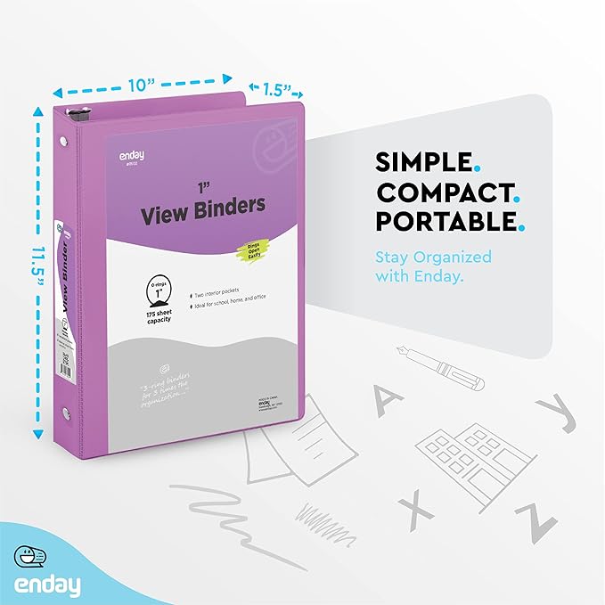 3 Ring Binder Purple, 1 Inch, 1” Clear View Cover with 2 Inside Pockets Round Ring Binder, Colored School Supplies Binders, Also Available in Pink, Blue, Grey, Green, and Red (6 PC) – by Enday