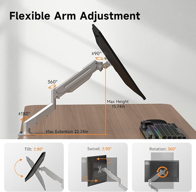 Suptek Single Monitor Mount Stand,Gas Spring Monitor Arm Desk Mount Fully Adjustable for 17 20 22 23 24 26 27 inch Monitors Weight Capacity up to 13.2 lbs (Silver)