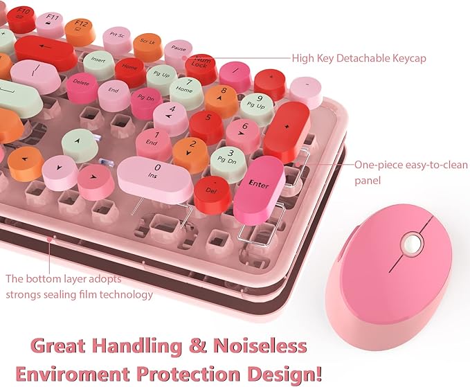 Cute Pink Wireless Keyboard and Mouse, 2.4G Retro Round Keycap for PC, Mac, Laptop, Tablet, Computer Windows