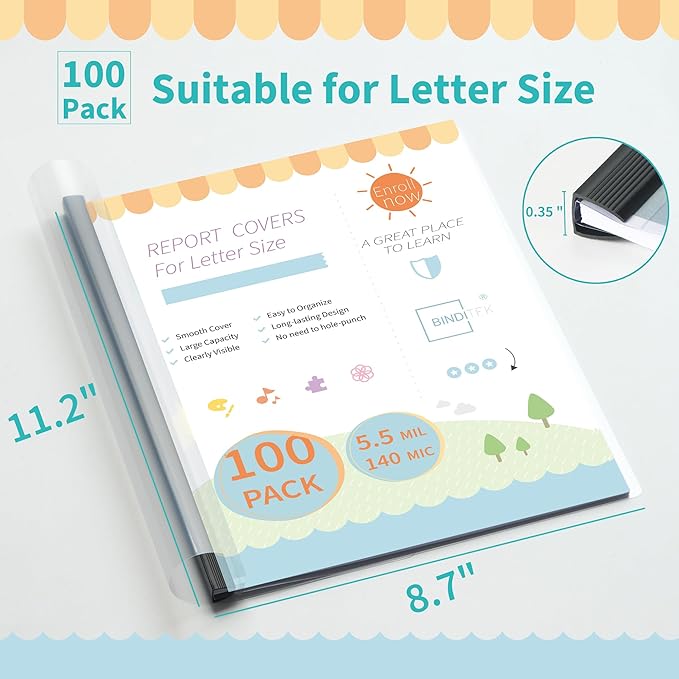 Binditek 100 Pack Clear Report Covers with Black Sliding Bars, 70 Sheet Capacity, 9mm Binding Bars, Letter Size, 5.5 Mil Thick, Black, for Students and Coworkers