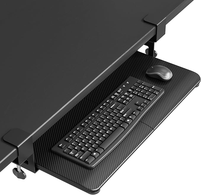 BONTEC KMT01 Under Desk Keyboard Tray, Pull-Out Keyboard & Mouse Platform with C-Clamp, 25.6 x 11.8 in Space-Saving Ergonomic Slide-Out Drawer, Black Carbon Fiber