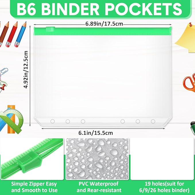40 Pieces 6 Ring Binder Zipper Pouch, 6 Hole Binder Pockets with Zipper Bulk Binder Folders Plastic Binder Pouch Loose Leaf Bags Waterproof PVC Document Filing Bag(Colorful, B6)