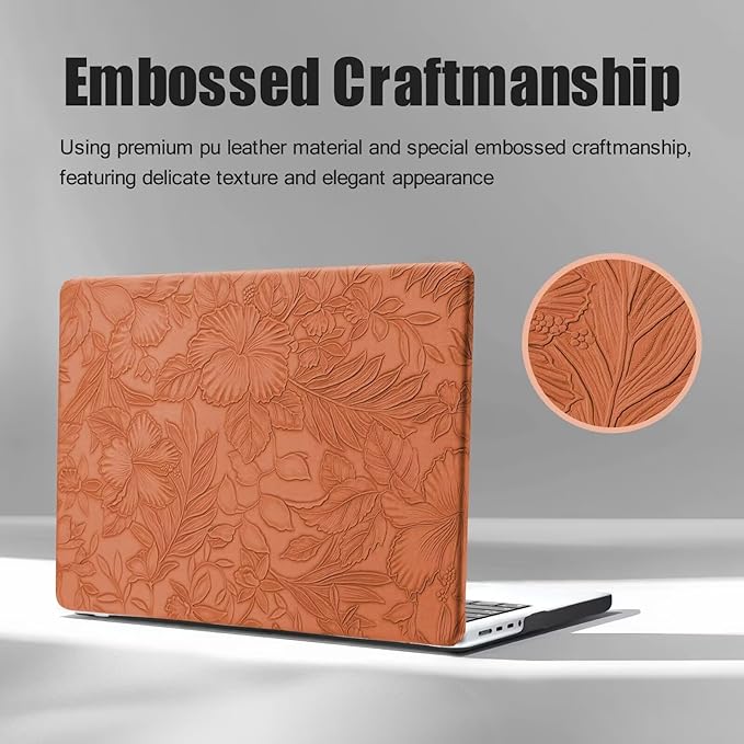 DTangLsm Compatible for MacBook Air 13 inch Case 2021 2020-2018 M1 A2337 A2179 A1932, Elegant Texture Leather Plastic Hard Shell Cover for MacBook Air 13.3 M1 Case+Keyboard Cover,Brown Embossed Floral