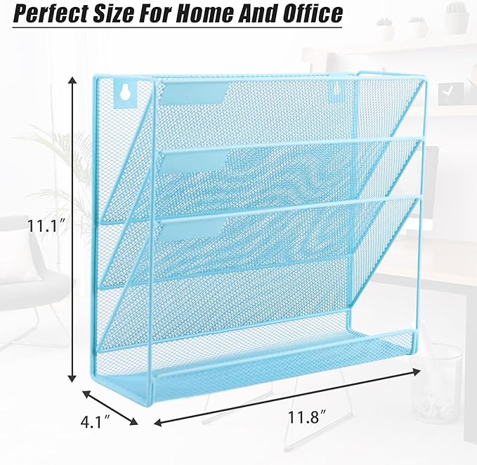 EASEPRES Desk File Organizer Mesh 4-Tier, Hanging Wall Mount Document Organization Stand, Desktop Vertical Mail Paper Folder Holder Rack with Bottom Tray for Office Home Cubicle Countertop, Blue