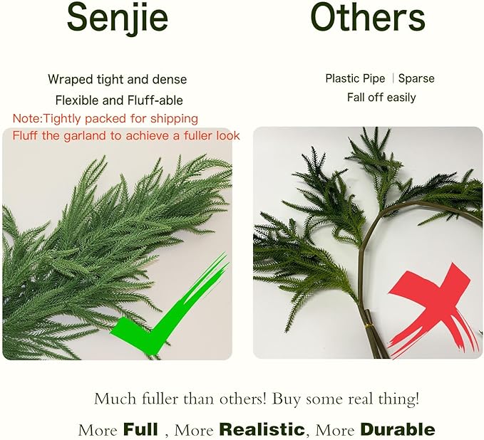 12FT Christmas Garland Norfolk Pine Garland Real Touch Artificial Greenery Garland for Mantle Fireplace Table Indoor Outdoor Holiday Decortions (Dark Green)