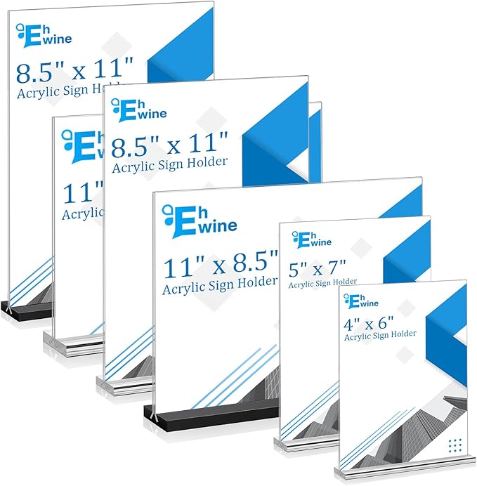EHWINE 6 Pack Acrylic Sign Holder 8.5 x 11 Horizontal, Double-Sided Stand up Table Top Sign Holders, Clear Acrylic Picture Frame Menu Flyer Paper Holder Display Stand for Office Business Store Wedding Party(Black Base)