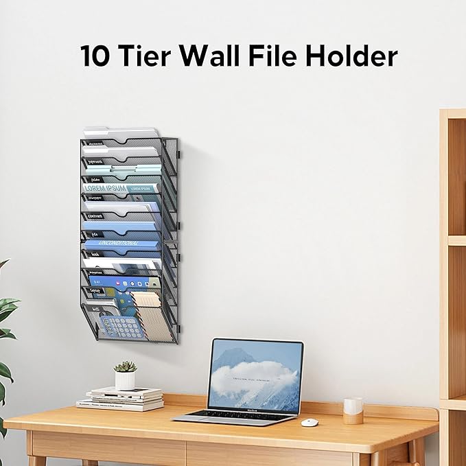 10 Tier Wall File Organizer Office Hanging Mail Holder Wall Mounted, Mesh Paper Document Organizer for Office Home School, Black