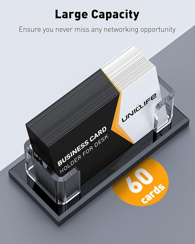 Uniclife Acrylic Business Card Holder for Desk 1 Slot Clear Horizontal Business Card Stand for Men & Women Desktop Name Card Display Stand Card Organizer for Office Home Exhibition, 60 Card Capacity