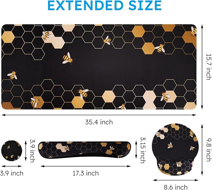 iCasso Desk Mat, Gaming Mouse Pad Wrist Support Set,4in1 XXL Large Mousepad + Keyboard Wrist Rest+Mouse Wrist Rest+Coaster Set with Ergonomic Design for Home Office Table Computer-Honeycomb