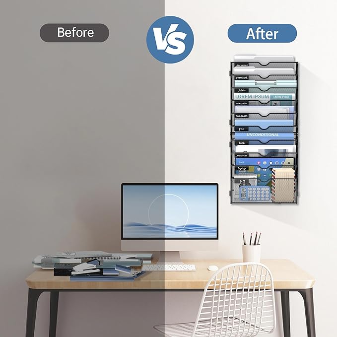10 Tier Wall File Organizer Office Hanging Mail Holder Wall Mounted, Mesh Paper Document Organizer for Office Home School, Black