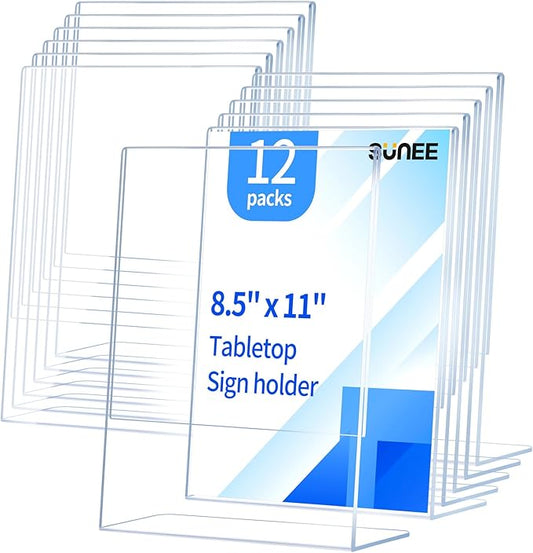 SUNEE 12 packs Clear Plastic Sign Holders for 8.5x11 Paper, Vertical L-shape Frame for Displaying Signs and Menus