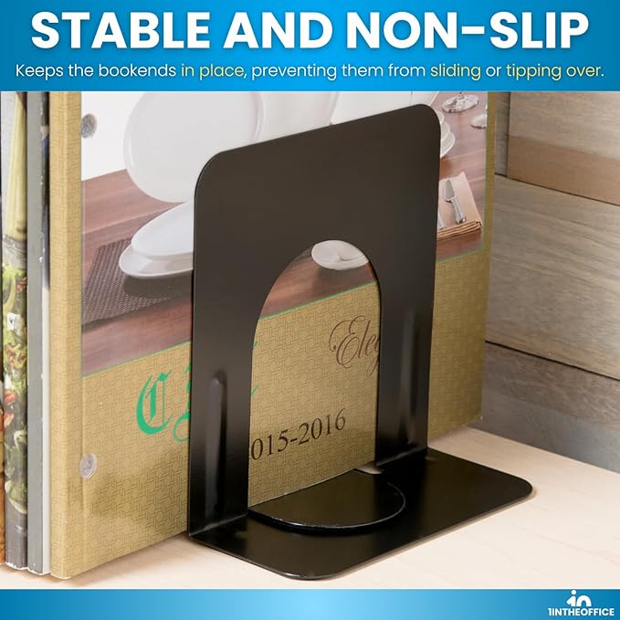 1InTheOffice Bookends for Shelves, Metal Bookends, 5 1/4" x 4 3/4" x 5", Non-Slip, Black, 4 Pack