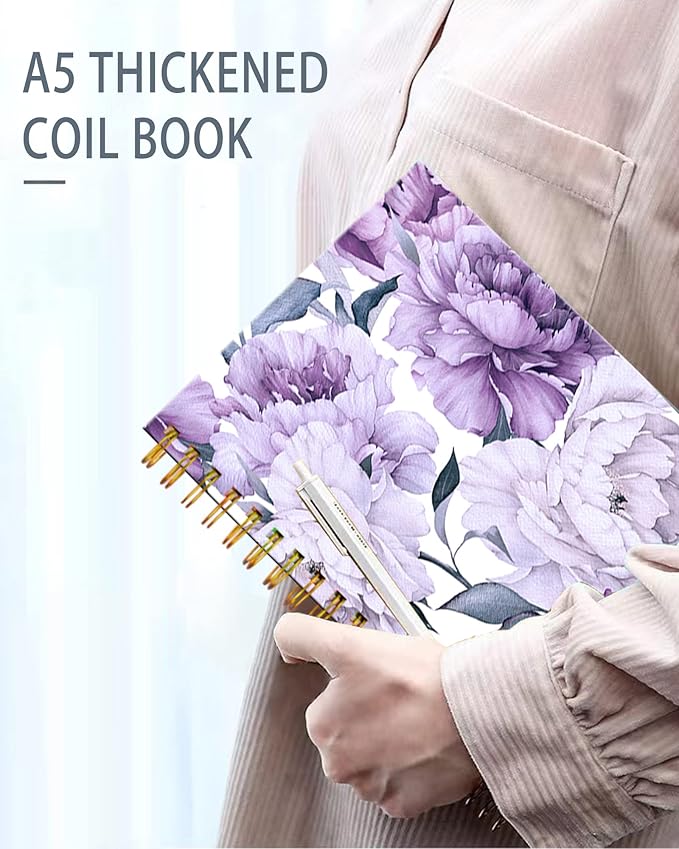 iampanda Spiral Journal Notebook,Strong Twin-Wire Binding with Premium Paper for Girl Women,Pretty Design 60 Sheets A5 College Ruled Notebook/Journal,Perfect for School Office Home Gifts,Purple Floral