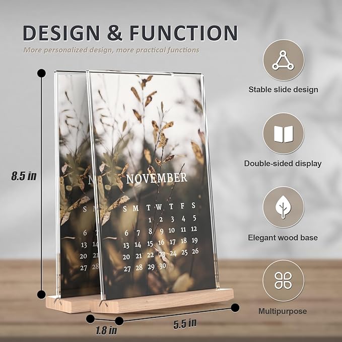 Acrylic Sign Holder 5.5x8.5 with Wood Base, Clear T shape Table Display Stands for Office, House, Store, Restaurants, and Event use, Double side Flyer Holder for Ads, Menu, Picture etc.(6 packs)