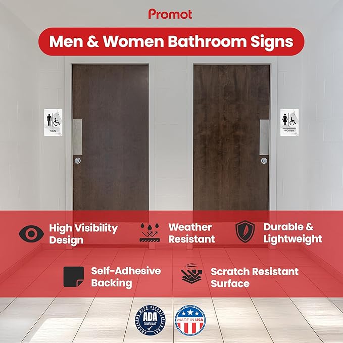 Promot Men and Women Handicap Restroom Sign – ADA Braille Bathroom Sign for Business, Self-Adhesive, 9" x 6", Commercial Door Signage, Office Wall Decor - Marble Quartz