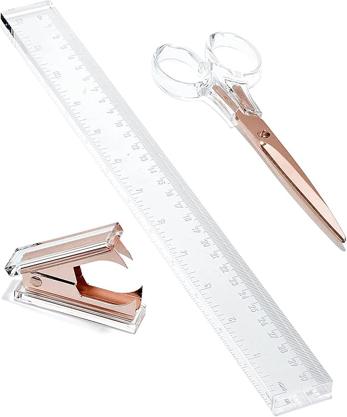 OfficeGoods 3 Piece Acrylic Desk Set - Includes Ruler, Staple Remover, Scissors - Functional & Elegant Desk Accessories - Stationery Tools for Home, Office, and School - Clear with Rose Gold Metal