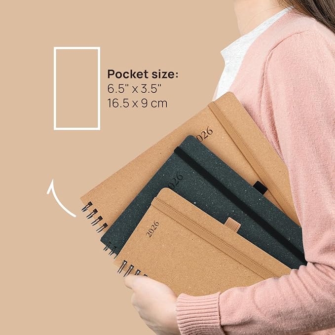 POPRUN 2026 Recycled Weekly Planner 12 Months Pocket Size (3.5'' x 6.5'') - Spiral Calendar Weekly and Monthly for Purse, with Italian Regenrated Leather, Pen Holder - Desert Brown