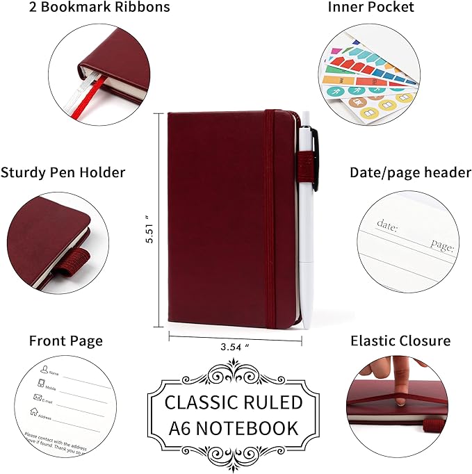 feela 6 Pack Pocket Mini Notebooks Bulk, Small Cute Memo Notepads Hardcover College Ruled Lined Journals with Pen Holder for School Business Work, with 6 Black Pens, 3.5”x 5.5”, A6, Wine