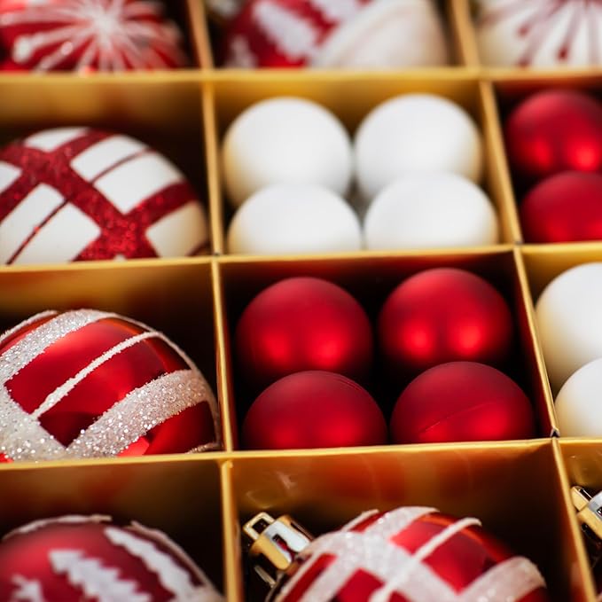 44PCS Christmas Ball Ornaments Set Xmas Tree Decoration Balls 2025 Shatterproof Hanging Colored for Party Wedding Home Party Outdoor Indoor Red & White