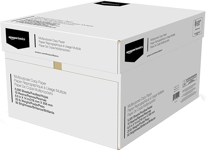 Amazon Basics Multipurpose Copy Printer Paper, 20 lb, 8.5 x 14 Inches, 10 Reams (5,000 Sheets), 92 Bright, White