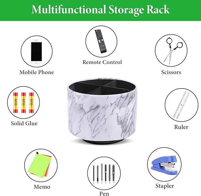 Round Leather Art Supply Organizer,Remote Control Holder,360-degree Rotating Pen Organizer with 4 Compartments(1-Marble White Silver)