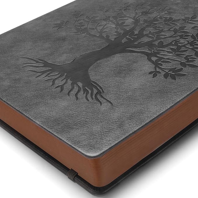 ZXHQ A5 360 Pages Lined Journaling Notebooks with Pen, Journals for Women Men Writing Notebook, Tree of Life Design, Brown Edge Fine Inner Pocket - Dark Grey