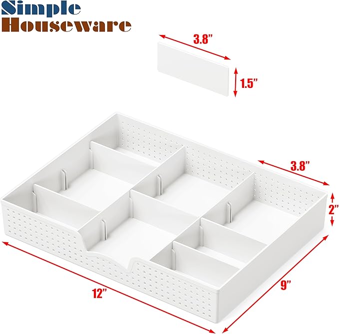 Simple Houseware Drawer Organizer Tray with 9 Adjustable Compartments, White
