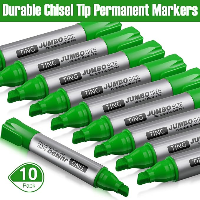 Fuutreo 10 Pack Jumbo Permanent Markers Bulk Large Chisel Tip Permanent Markers Quick Drying Waterproof Big Huge Poster Pens for Office, Logistics Company and More(Grass Green)